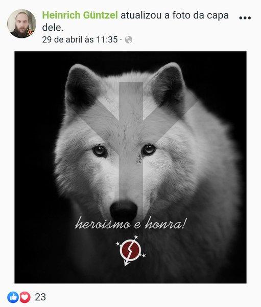 Líder da Resistência Sulista posta foto do movimento com lema Lealdade e Honra, lobo branco e runa utilizada por neonazistas