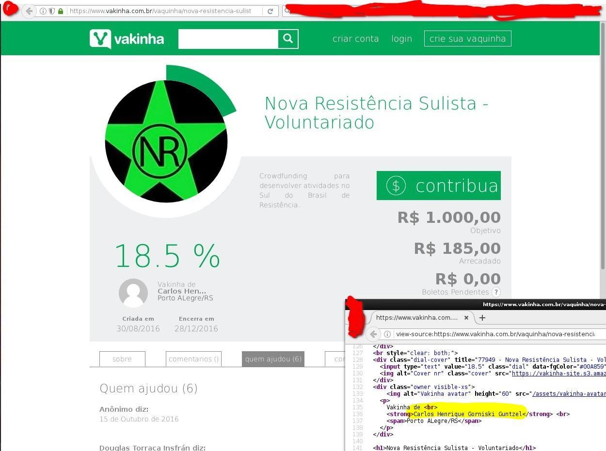 Página de financiamento coletivo da Nova Resistência Sulista revela o líder da Resistência Sulista como autor