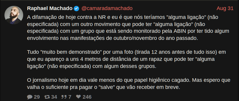 Raphael Machado nega ter ligação com os membros Resistência Sulista