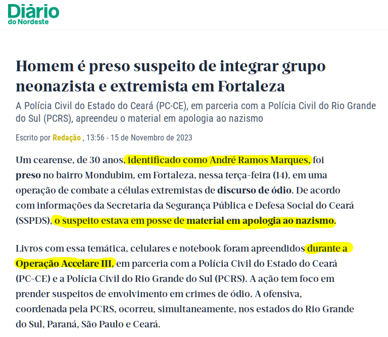 Notícia da prisão do cearense André Marques em operação contra o neonazismo no Brasil