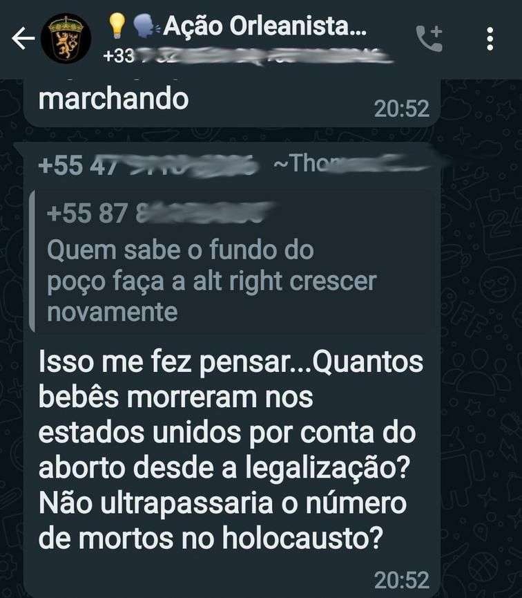 Grupo de WhatsApp da Ação Orleanista: relativização do Holocausto