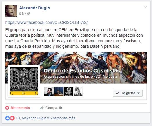 Postagem de Dugin comparando o Centro de Estudos Crisolistas a sua própria experiência no Brasil com o CEM e a Quarta Posição