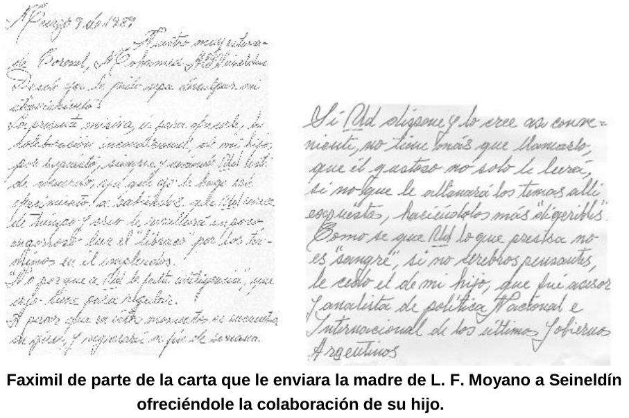 Carta de recomendação de mãe de Moyano sobre o filho à Seineldin