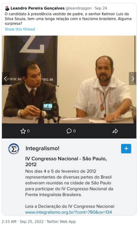 Postagem de Leandro Pereira Gonçalves sobre o Padre Kelmon